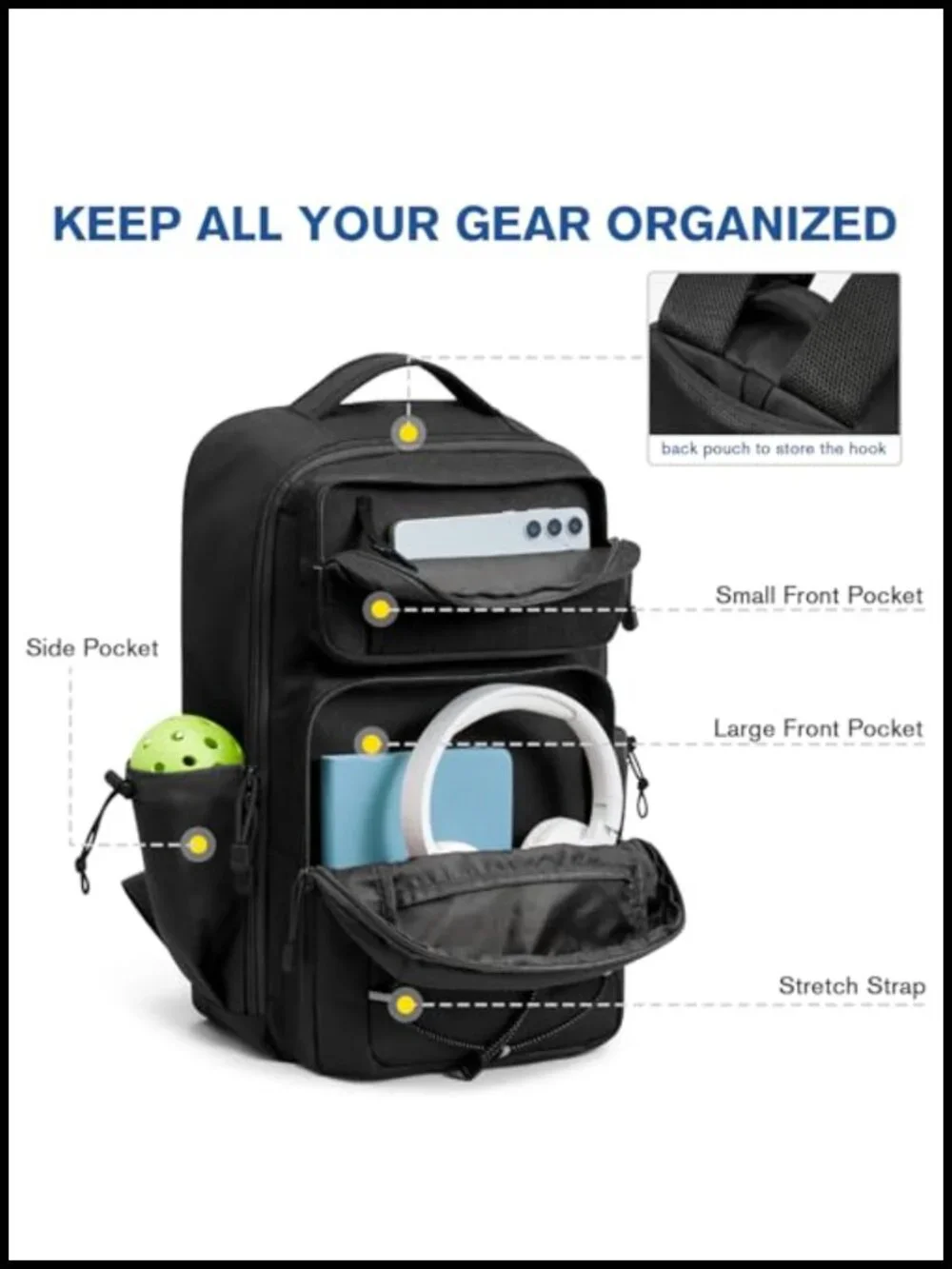 Large Pickleball Backpack Fits 2-6 Paddles Tactical Style with Fence Hook